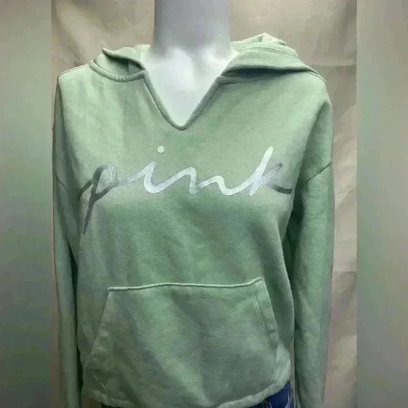Victoria's Secret PINK Women's Mint Green and Silver Hoodie - Picture 2 of 4